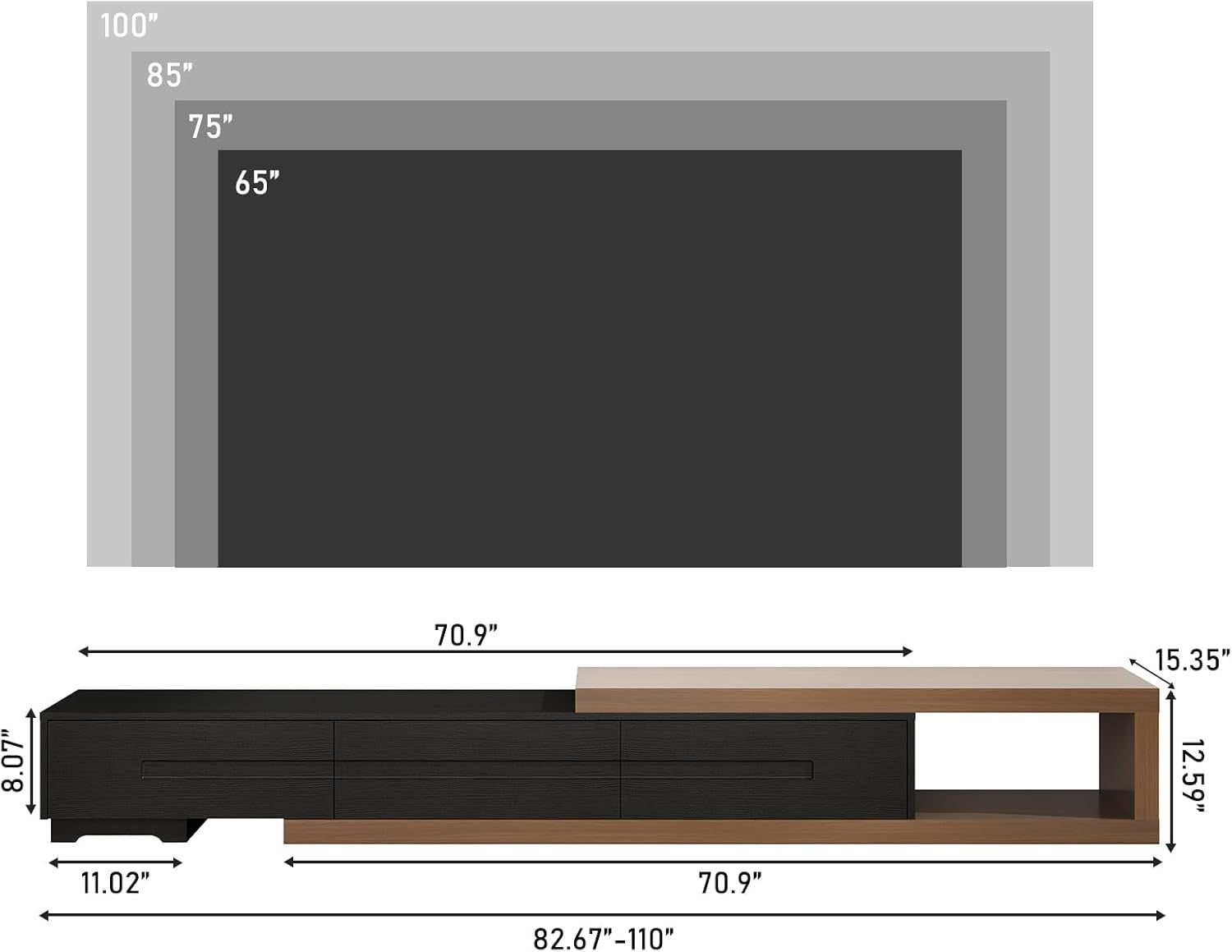 Extendable Modern TV Stand | Adjustable Wood Media Console for Up to 120” TVs (Black & Walnut)