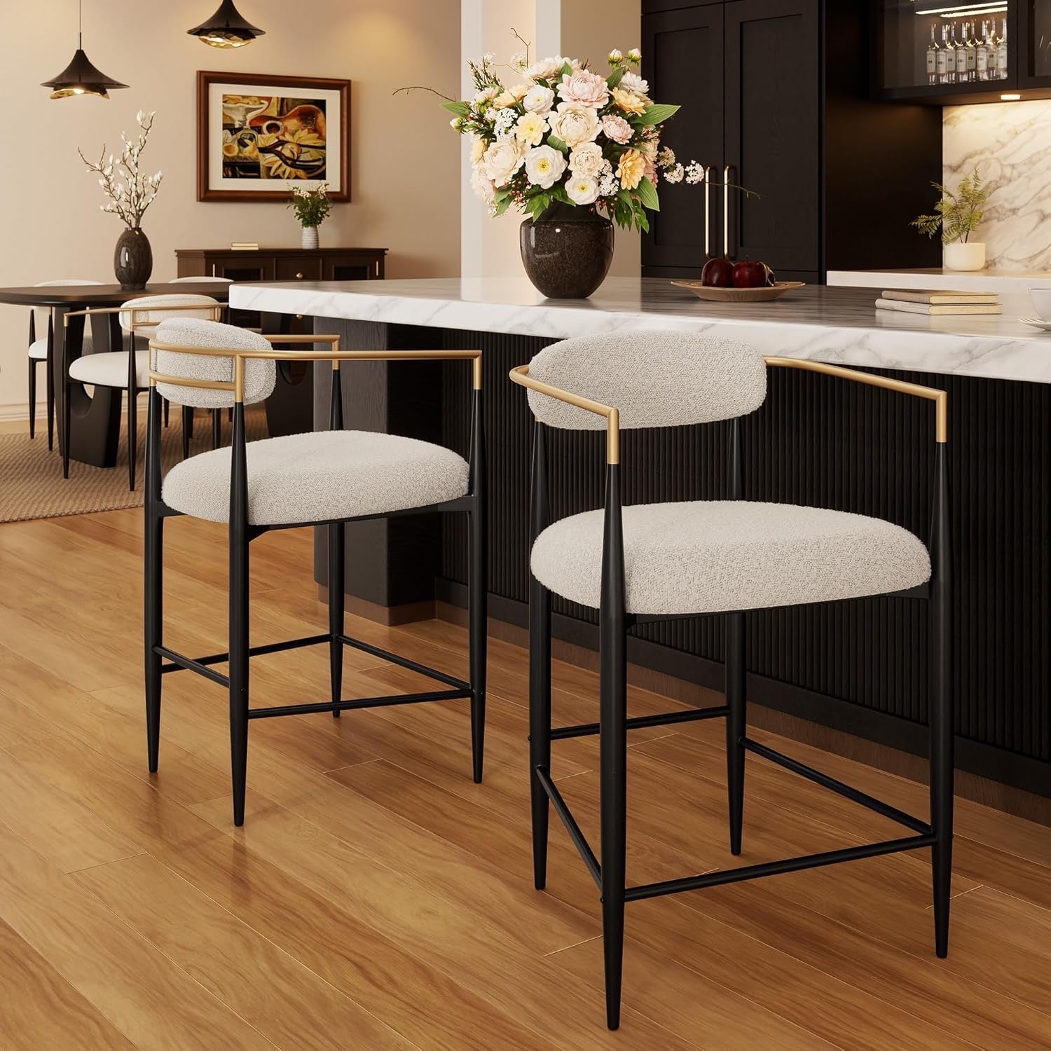 Morden Fort Counter Height Bar Stools Set of 2 | Upholstered Kitchen Island Chairs with Gold Arms & Black Legs
