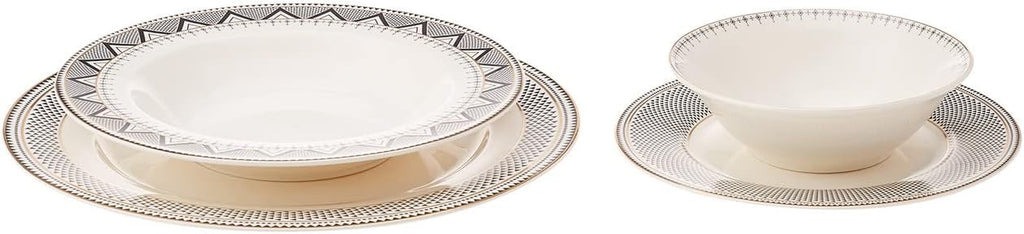Karaca Globe 24 Piece Dinnerware Set for 6 | Modern Porcelain Plates Bowls Set White Black Geometric Design