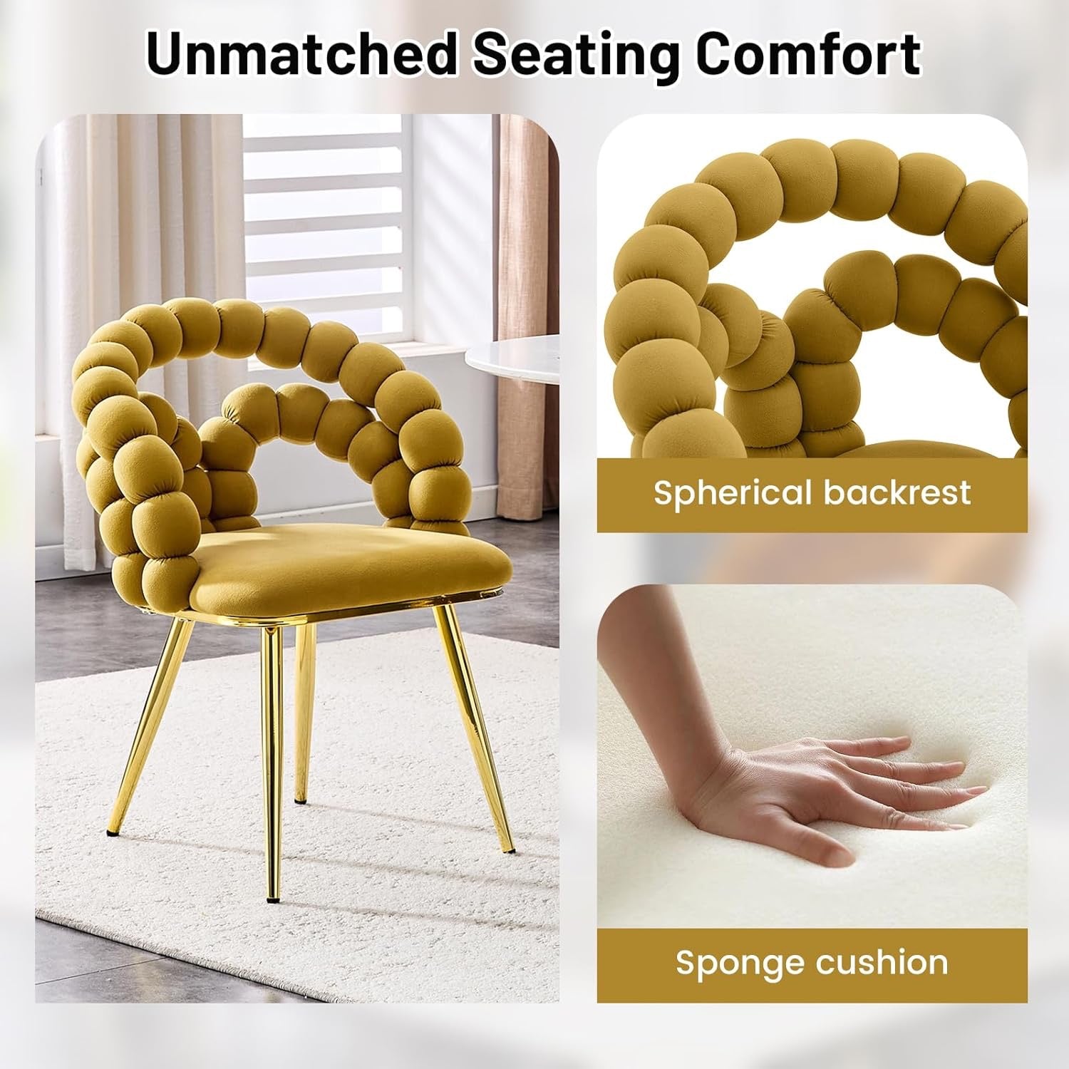 Eifizek Modern Velvet Dining Chairs Set of 2 | Yellow Upholstered Bubble Design Chairs with Gold Legs