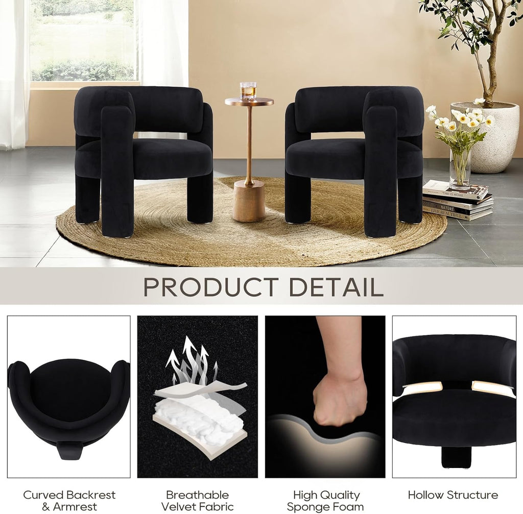 COLAMY Velvet Accent Chairs Set of 2 | Modern Upholstered Barrel Chairs Black Comfy Side Armchairs for Living Room Bedroom