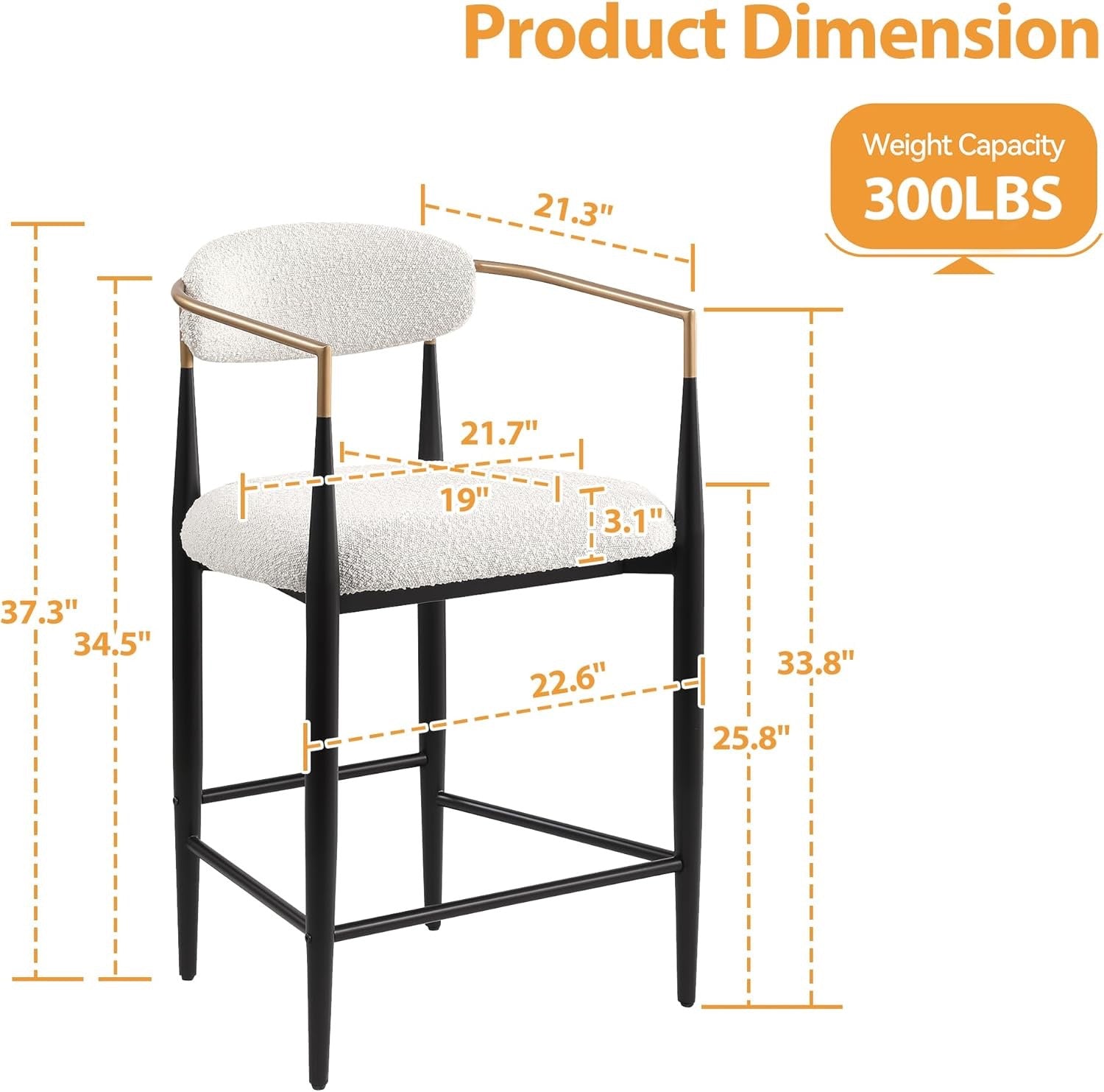 Morden Fort Counter Height Bar Stools Set of 2 | Upholstered Kitchen Island Chairs with Gold Arms & Black Legs
