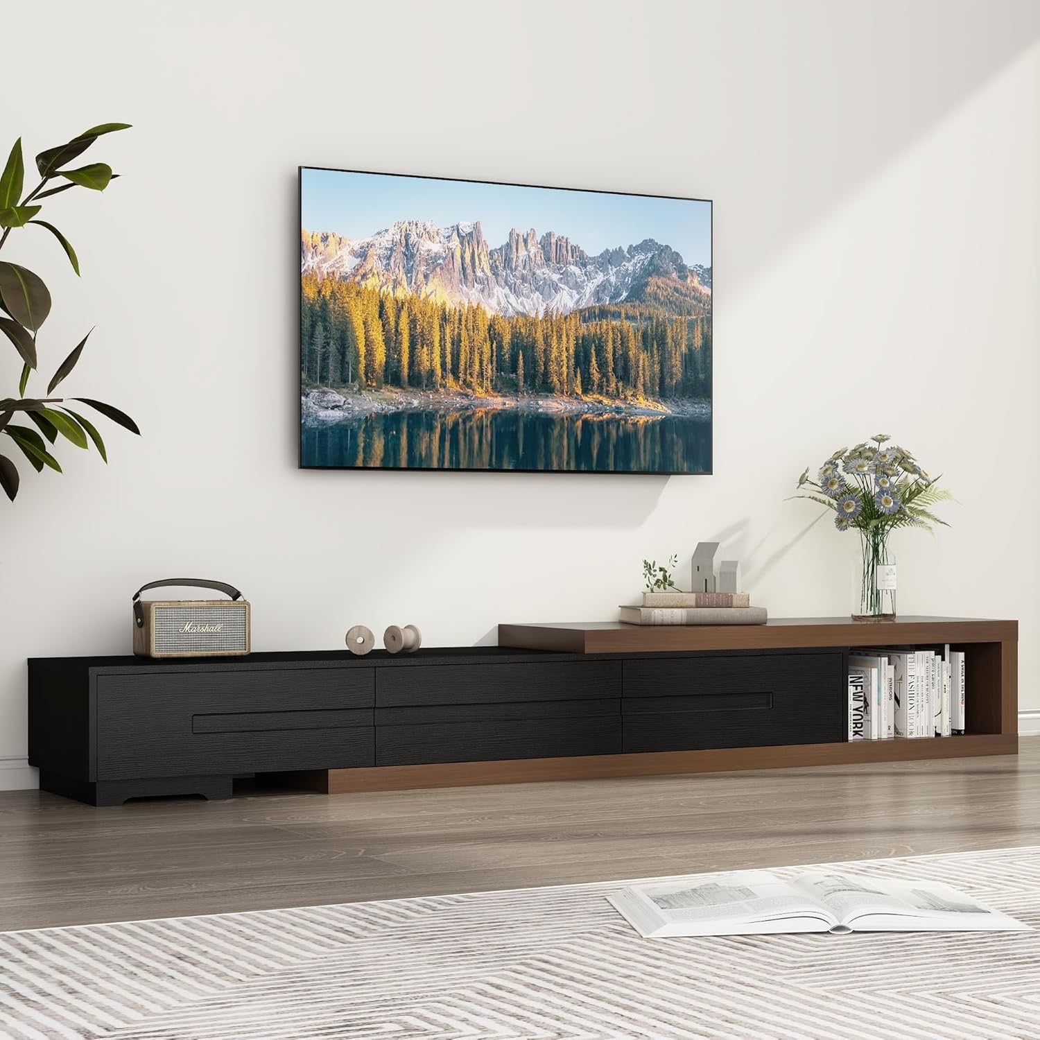 Extendable Modern TV Stand | Adjustable Wood Media Console for Up to 120” TVs (Black & Walnut)