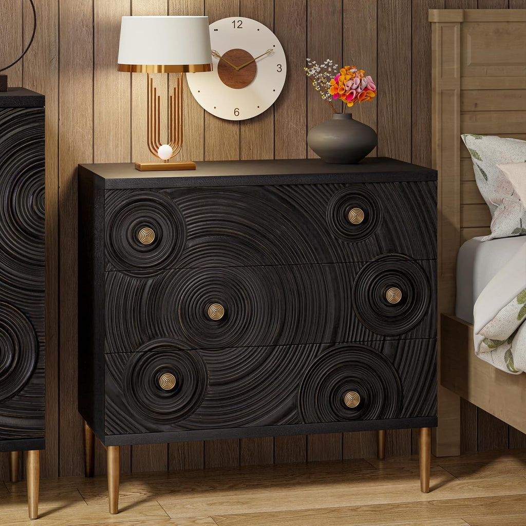 Farmhouse 3-Drawer Dresser with Ring Motif | Distressed Black & Gold Boho French Country Nightstand