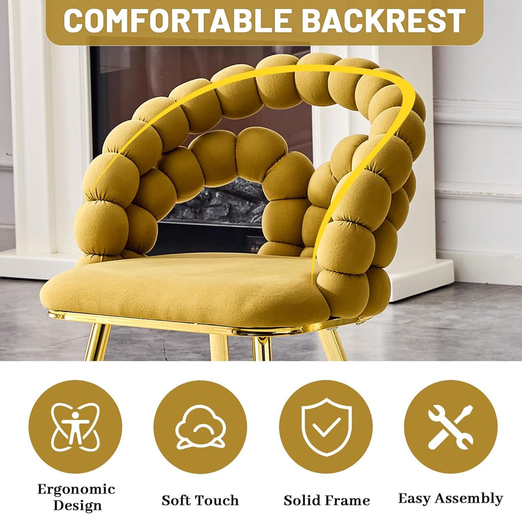 Eifizek Modern Velvet Dining Chairs Set of 2 | Yellow Upholstered Bubble Design Chairs with Gold Legs