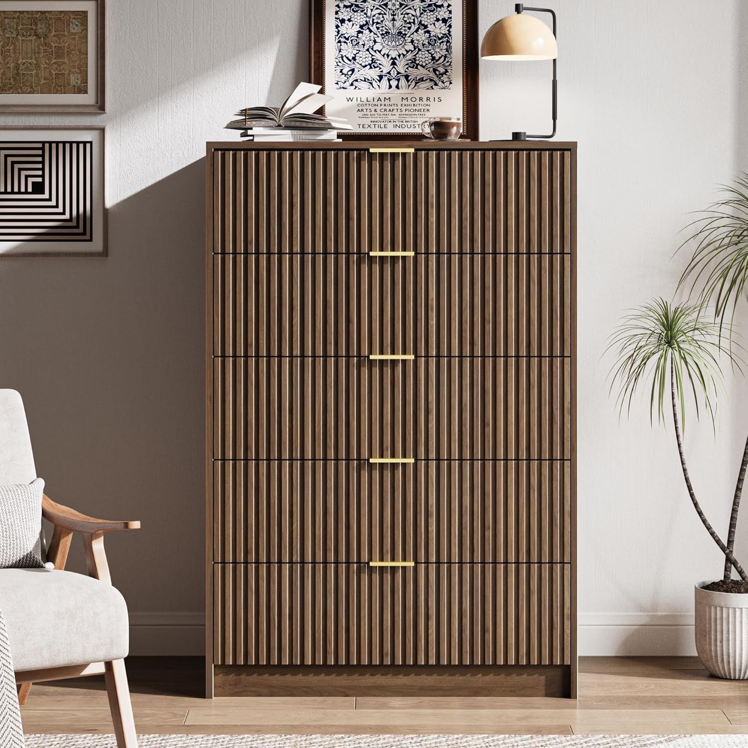 MAISONARIA Walnut 3-Piece Living Room Set | 5 Drawer Dresser + 2 Nightstands | Hidden Handle Modern Storage