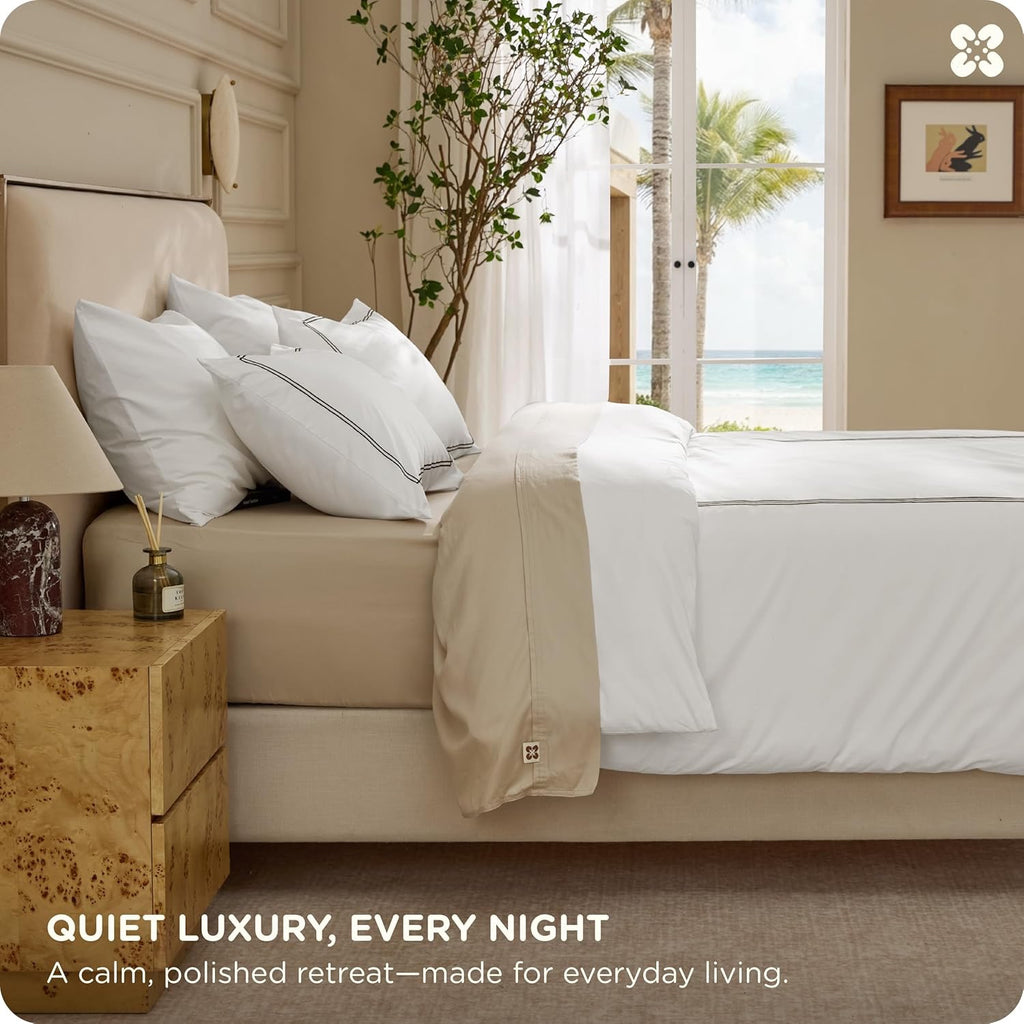 Bedsure Luxury Hotel Cotton Duvet Cover Set | White Frame Embroidery Bedding – Queen