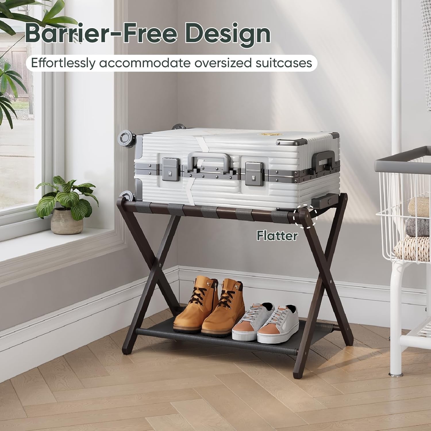 2-Pack Bamboo Folding Luggage Rack with Storage Shelf | Heavy-Duty 131 lb Capacity Suitcase Stand (Hotel-Style Guest Room Essential)