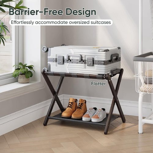 2-Pack Bamboo Folding Luggage Rack with Storage Shelf | Heavy-Duty 131 lb Capacity Suitcase Stand (Hotel-Style Guest Room Essential)