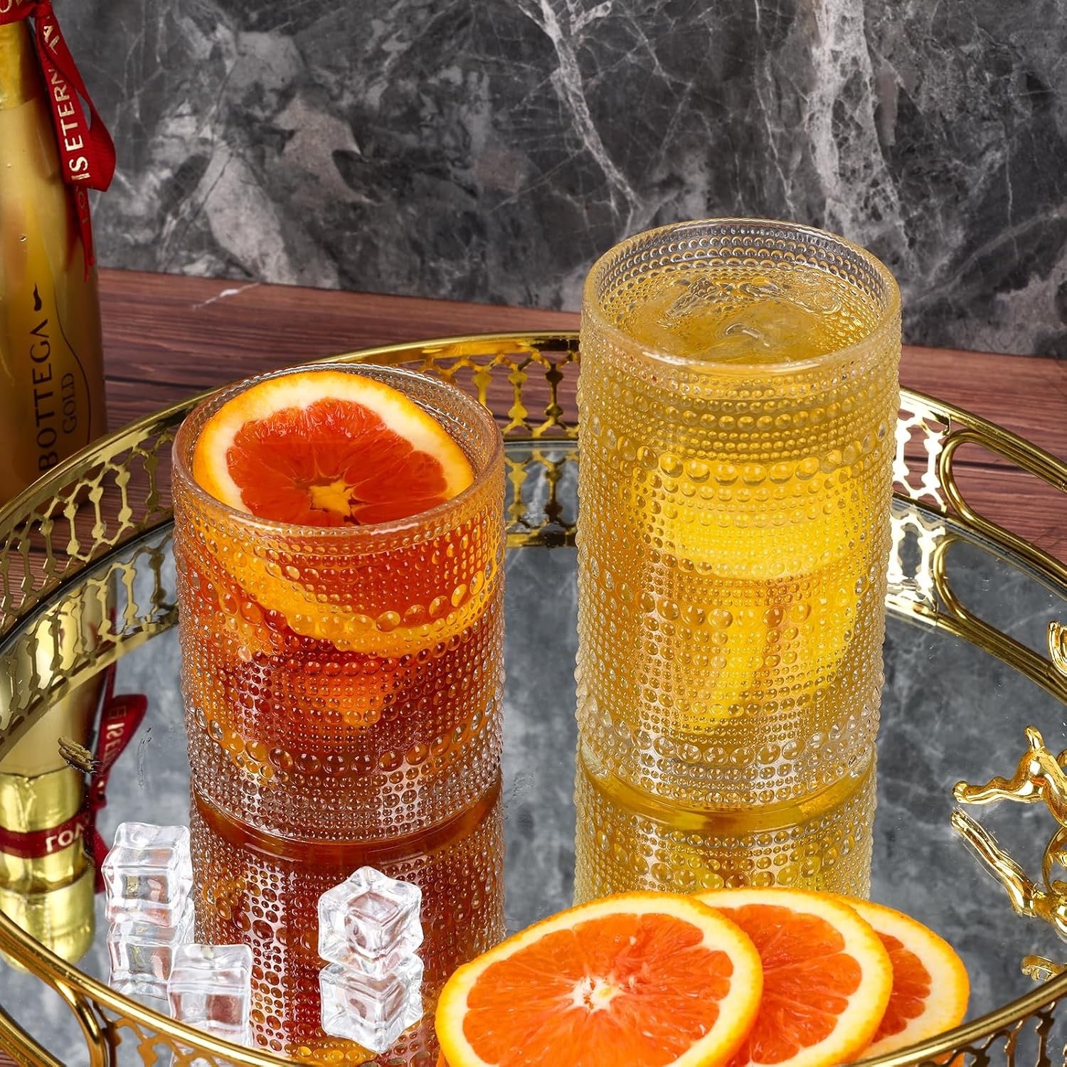 Moretoes Hobnail Drinking Glasses Set of 6 | 12 oz Highball & 10 oz Cocktail Glasses | Vintage Embossed Clear Glassware