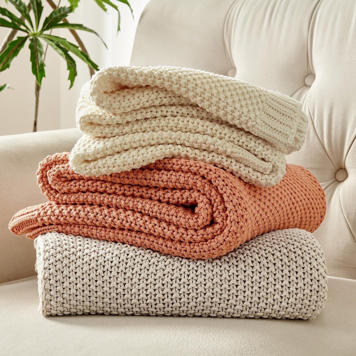 Joydeco Chunky Cable Knit Throw Blanket | Organic Cotton Cozy Knit Blanket (Beige, 51” x 63”)