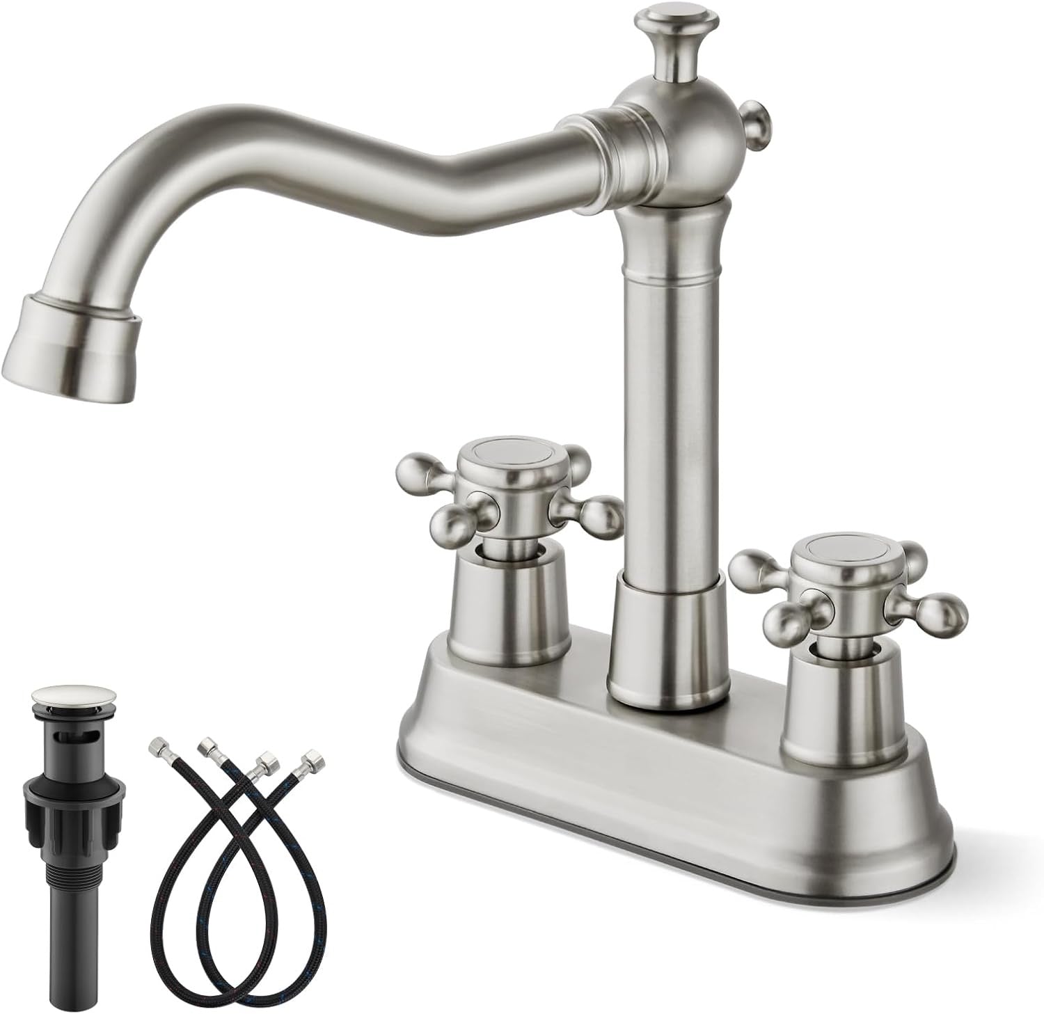 gotonovo 4 Inch Centerset Bathroom Faucet | Brushed Nickel Cross Handle Vanity Faucet with Pop-Up Drain