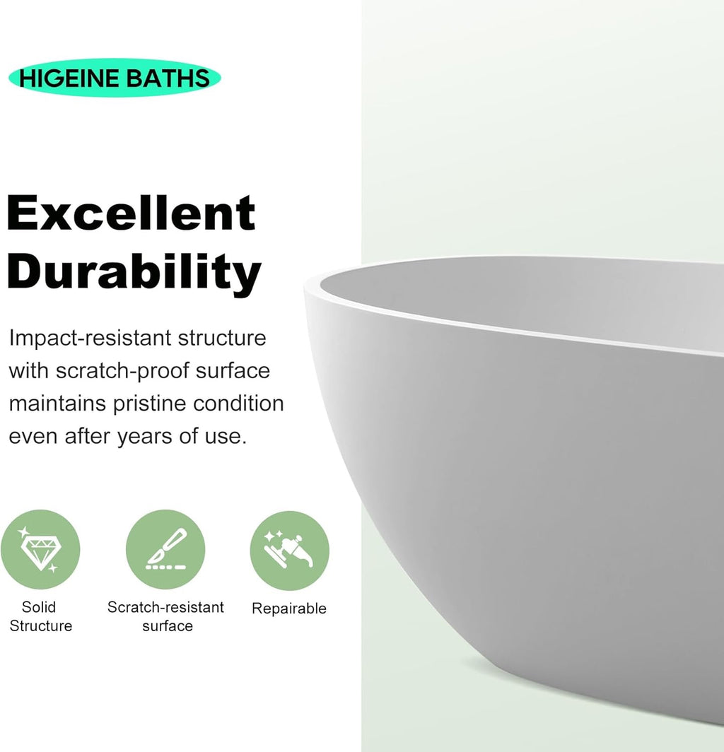 47-Inch Solid Surface Freestanding Bathtub – Matte White Stone Resin Oval Soaking Tub
