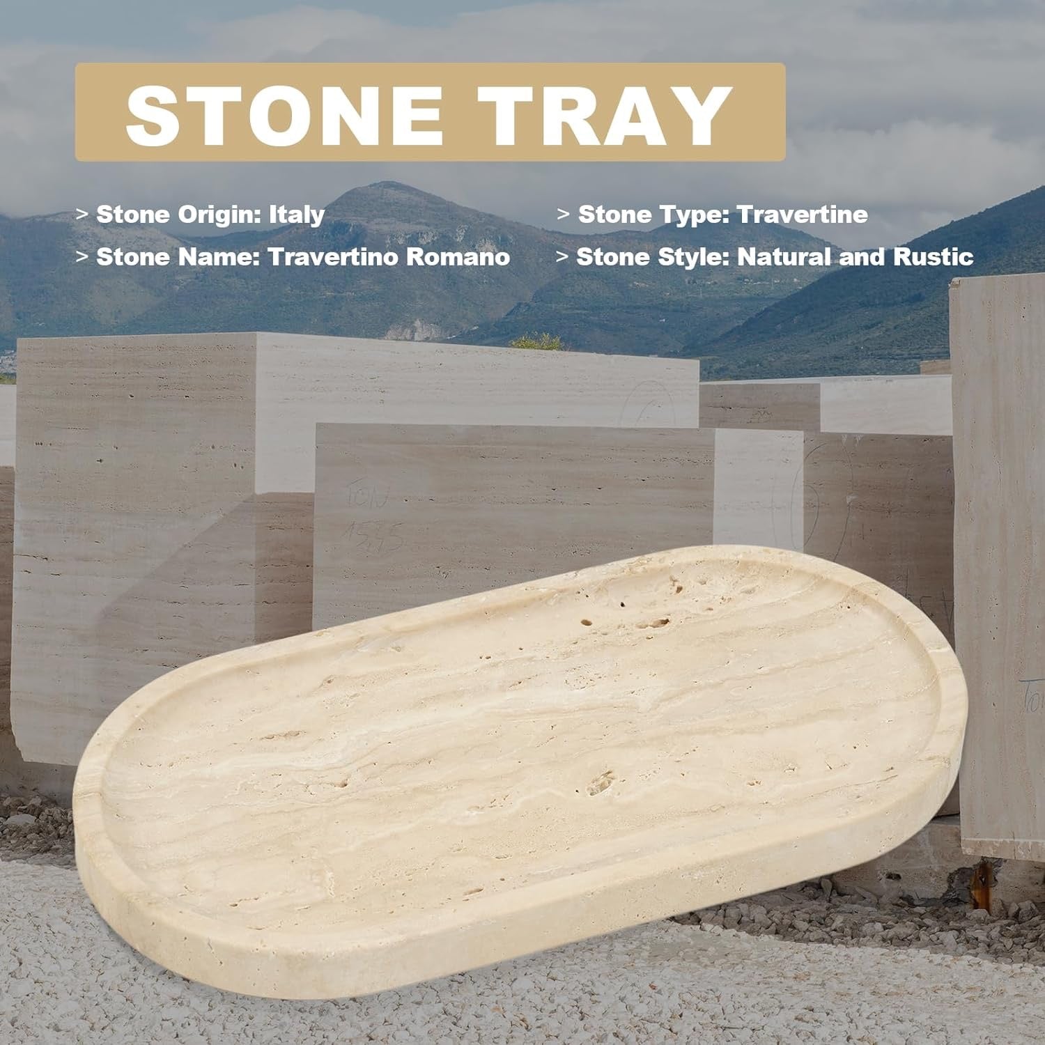 Koville Italian Travertine Tray 12” x 6” | Decorative Vanity Marble Catchall for Perfume, Candles & Jewelry