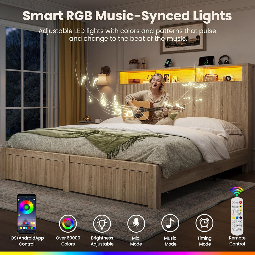 CypBed King Storage Bed Frame | Wood Platform Bed with LED Headboard & Charging Station