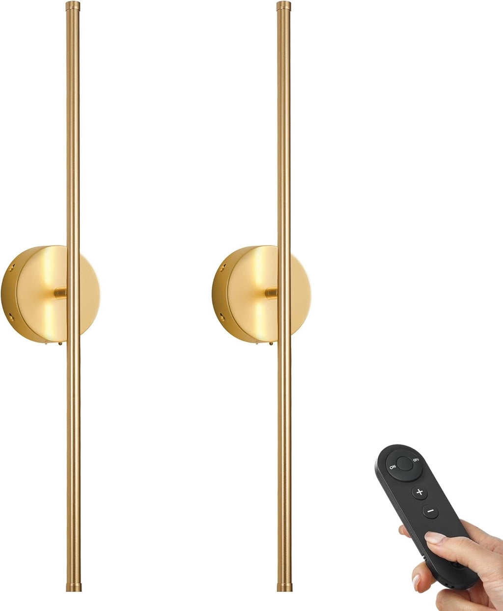 Battery-Operated Gold Wall Sconces with Remote (Set of 2) | Dimmable 3000K LED, Rotatable Design