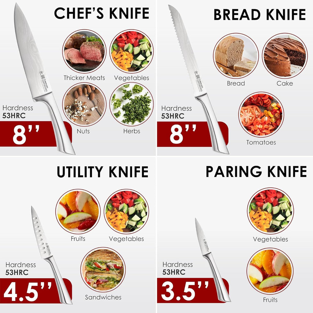 Cuisine::pro Damashiro Satori 8-Piece Knife Block Set | Japanese Steel Knives with Acacia Wood Block