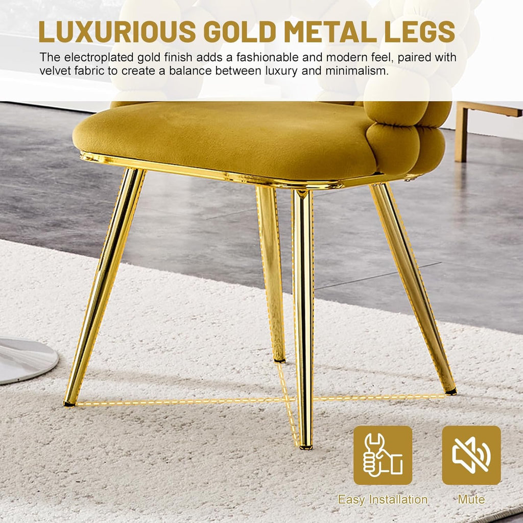 Eifizek Modern Velvet Dining Chairs Set of 2 | Yellow Upholstered Bubble Design Chairs with Gold Legs