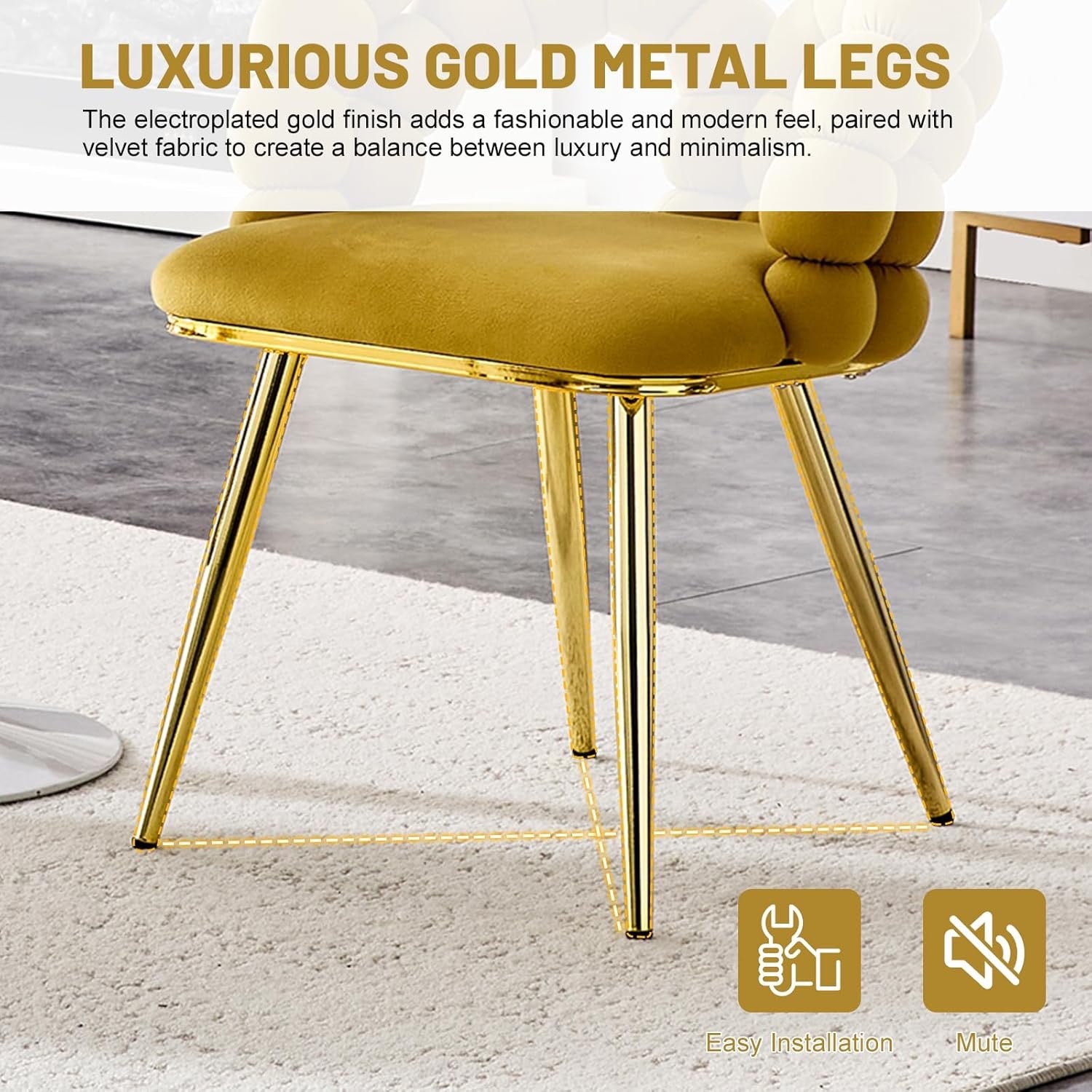 Eifizek Modern Velvet Dining Chairs Set of 2 | Yellow Upholstered Bubble Design Chairs with Gold Legs