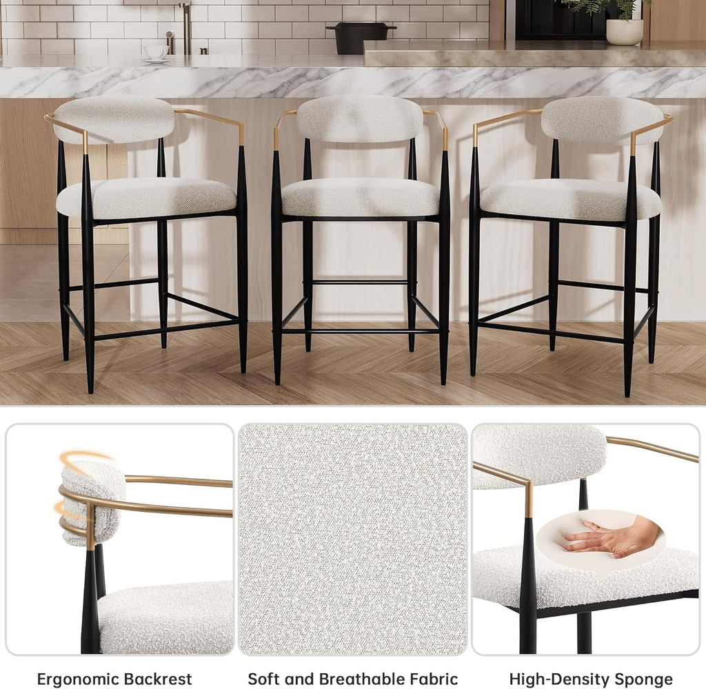 Morden Fort Counter Height Bar Stools Set of 2 | Upholstered Kitchen Island Chairs with Gold Arms & Black Legs