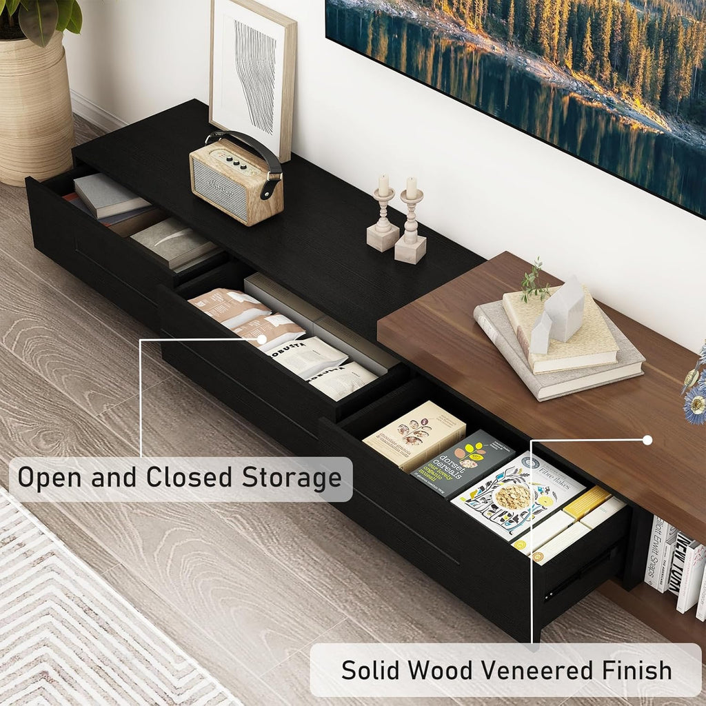 Extendable Modern TV Stand | Adjustable Wood Media Console for Up to 120” TVs (Black & Walnut)
