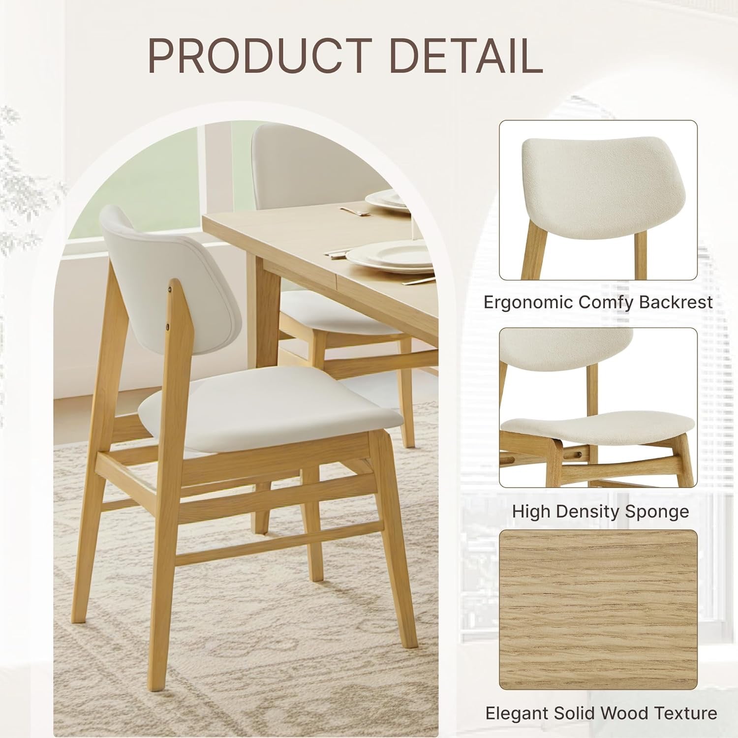 Wooden Oak Upholstered Dining Chairs Set of 2 | Modern Cream Fabric Kitchen & Dining Room Chairs