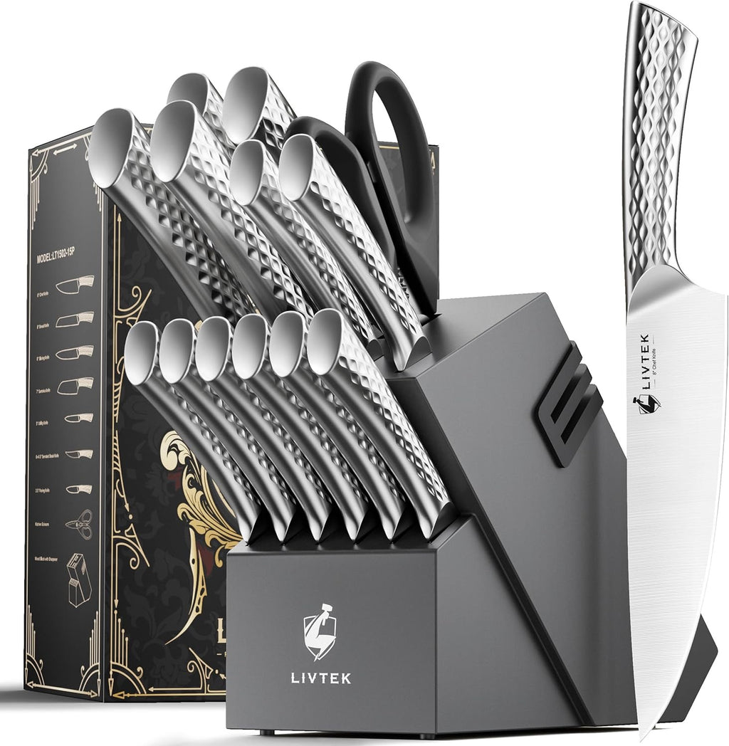 Livtek Galaxy Series 15-Piece Knife Set with Block | German High-Carbon Stainless Steel with Built-In Sharpener