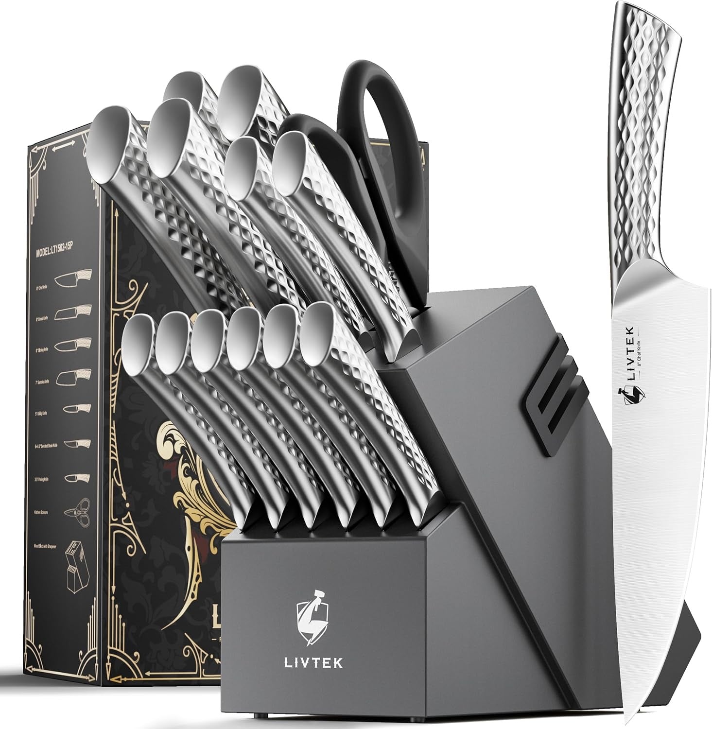 Livtek Galaxy Series 15-Piece Knife Set with Block | German High-Carbon Stainless Steel with Built-In Sharpener
