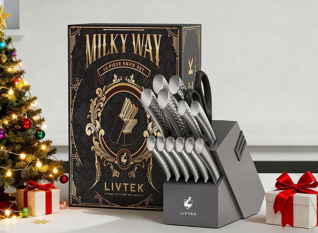 Livtek Galaxy Series 15-Piece Knife Set with Block | German High-Carbon Stainless Steel with Built-In Sharpener