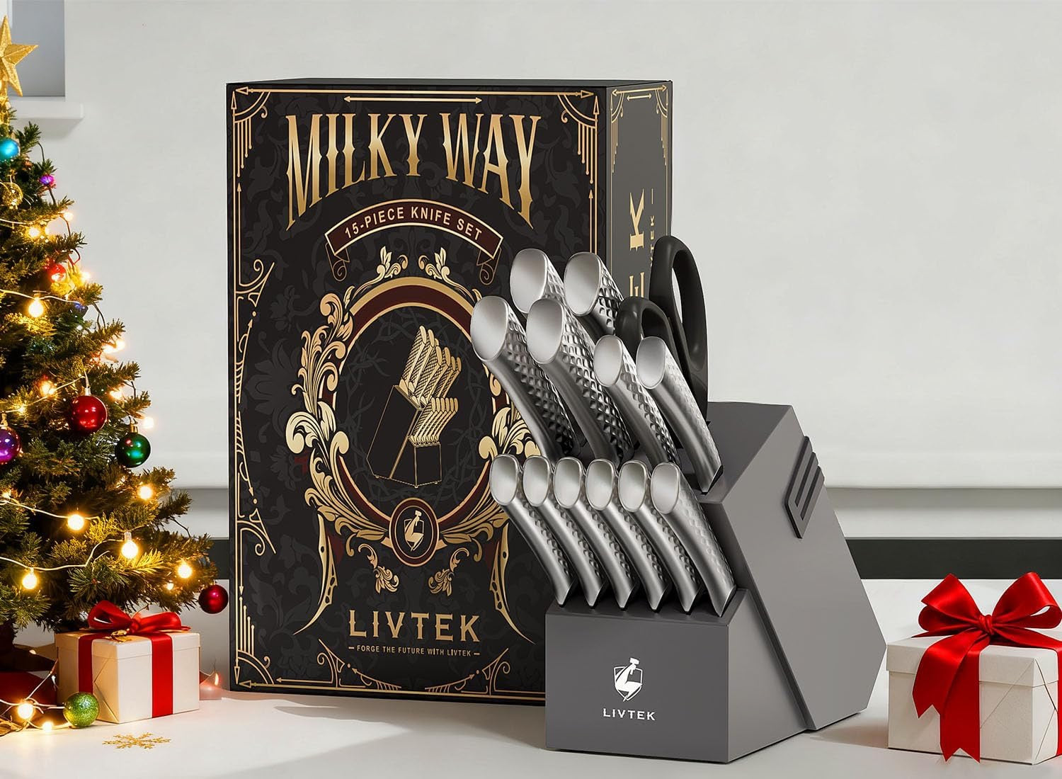 Livtek Galaxy Series 15-Piece Knife Set with Block | German High-Carbon Stainless Steel with Built-In Sharpener