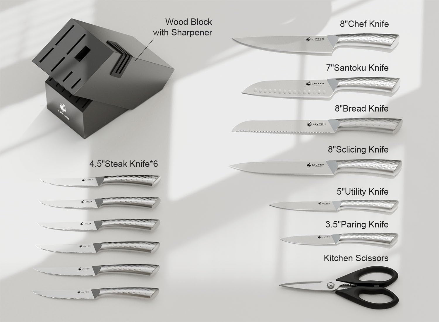 Livtek Galaxy Series 15-Piece Knife Set with Block | German High-Carbon Stainless Steel with Built-In Sharpener