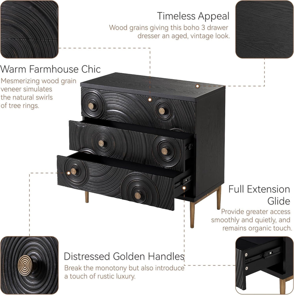 Farmhouse 3-Drawer Dresser with Ring Motif | Distressed Black & Gold Boho French Country Nightstand