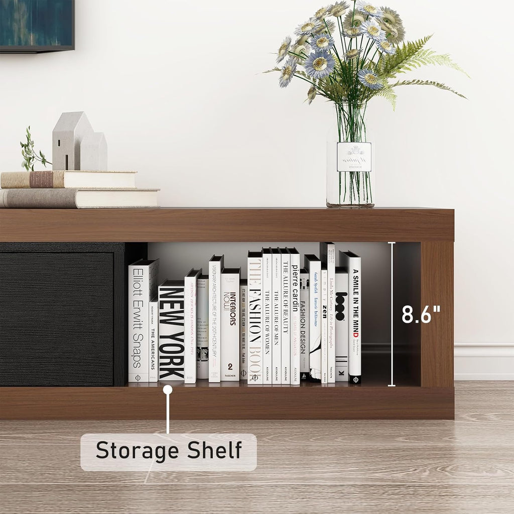 Extendable Modern TV Stand | Adjustable Wood Media Console for Up to 120” TVs (Black & Walnut)