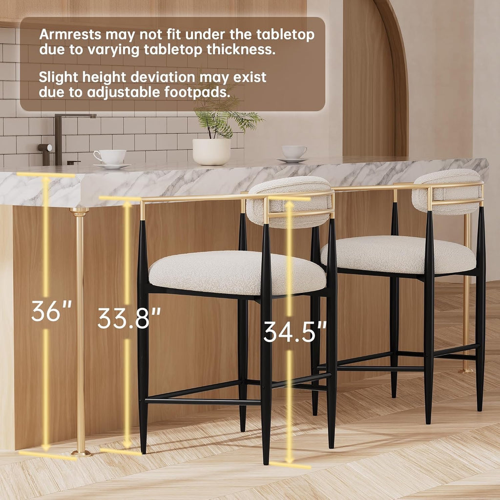 Morden Fort Counter Height Bar Stools Set of 2 | Upholstered Kitchen Island Chairs with Gold Arms & Black Legs
