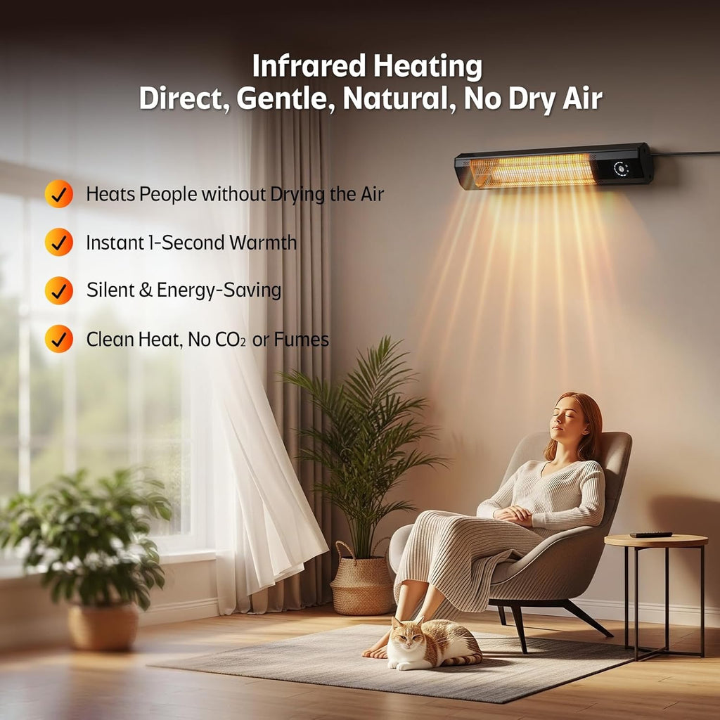 34” Wall-Mounted Electric Patio Heater | 1500W Infrared Outdoor Heater with Motion Sensor & Remote