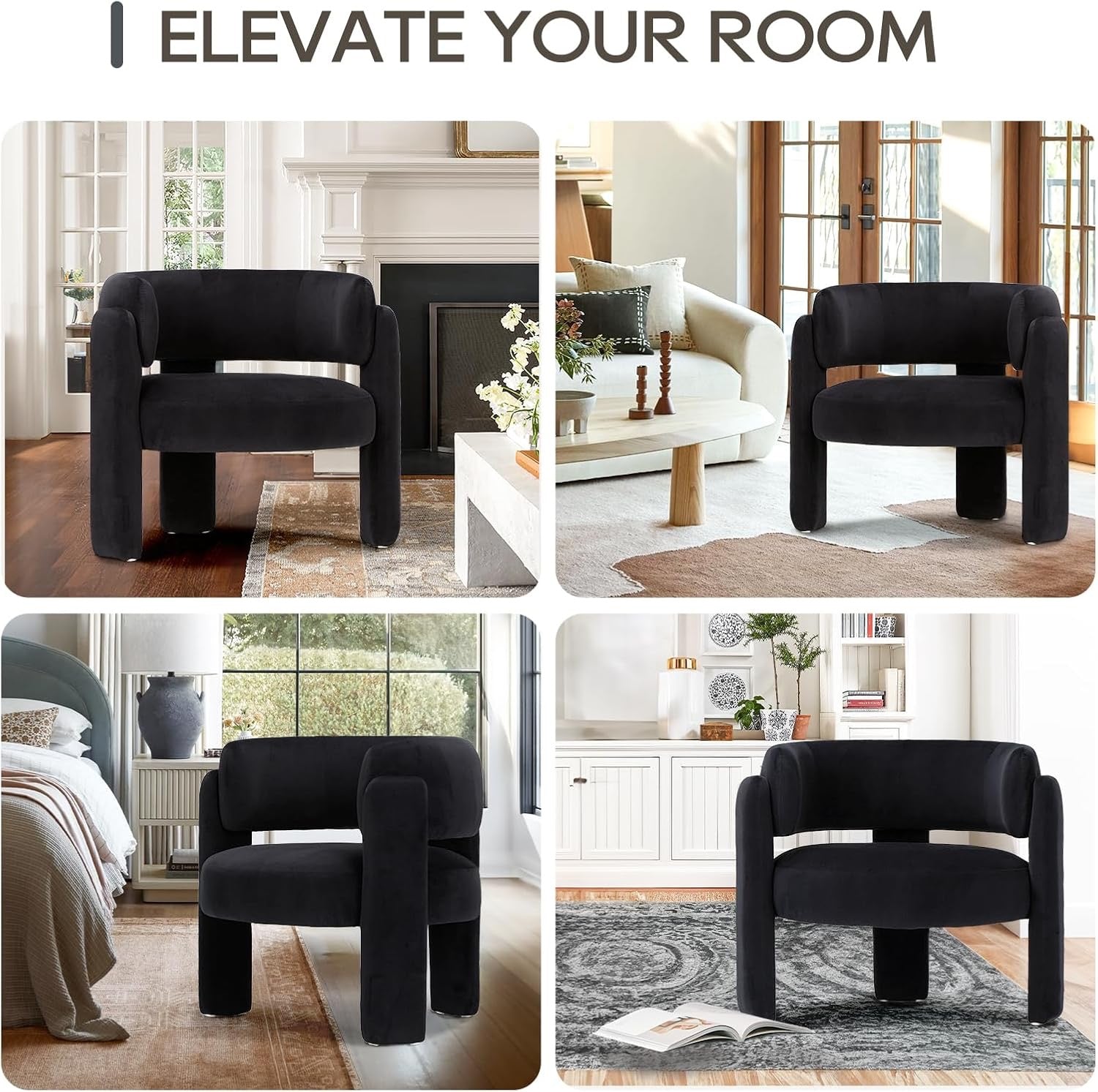 COLAMY Velvet Accent Chairs Set of 2 | Modern Upholstered Barrel Chairs Black Comfy Side Armchairs for Living Room Bedroom