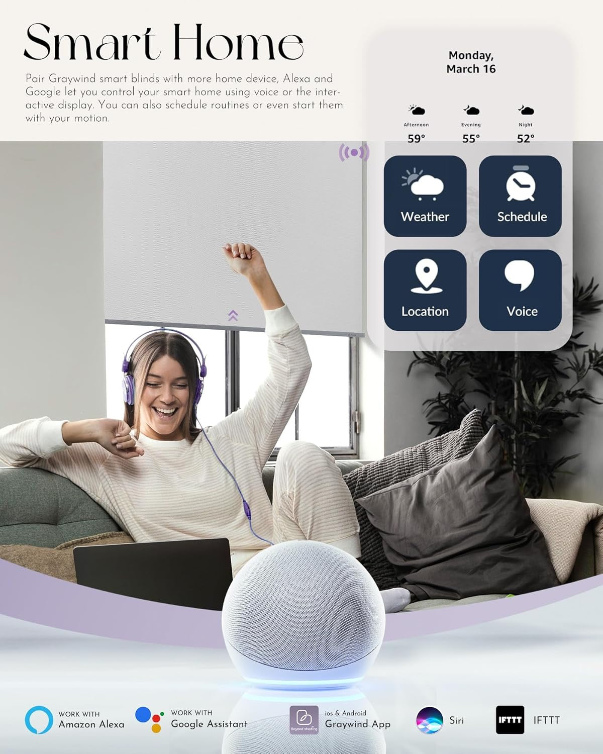 Graywind Motorized Blackout Roller Shades – Smart Window Blinds with Alexa & Google Compatibility