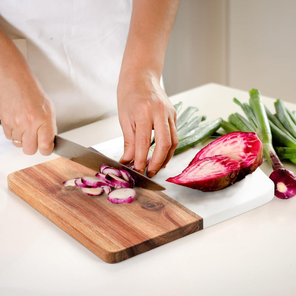 Coloch Marble & Acacia Wood Cutting Board | Charcuterie & Decorative Serving Board with Handle