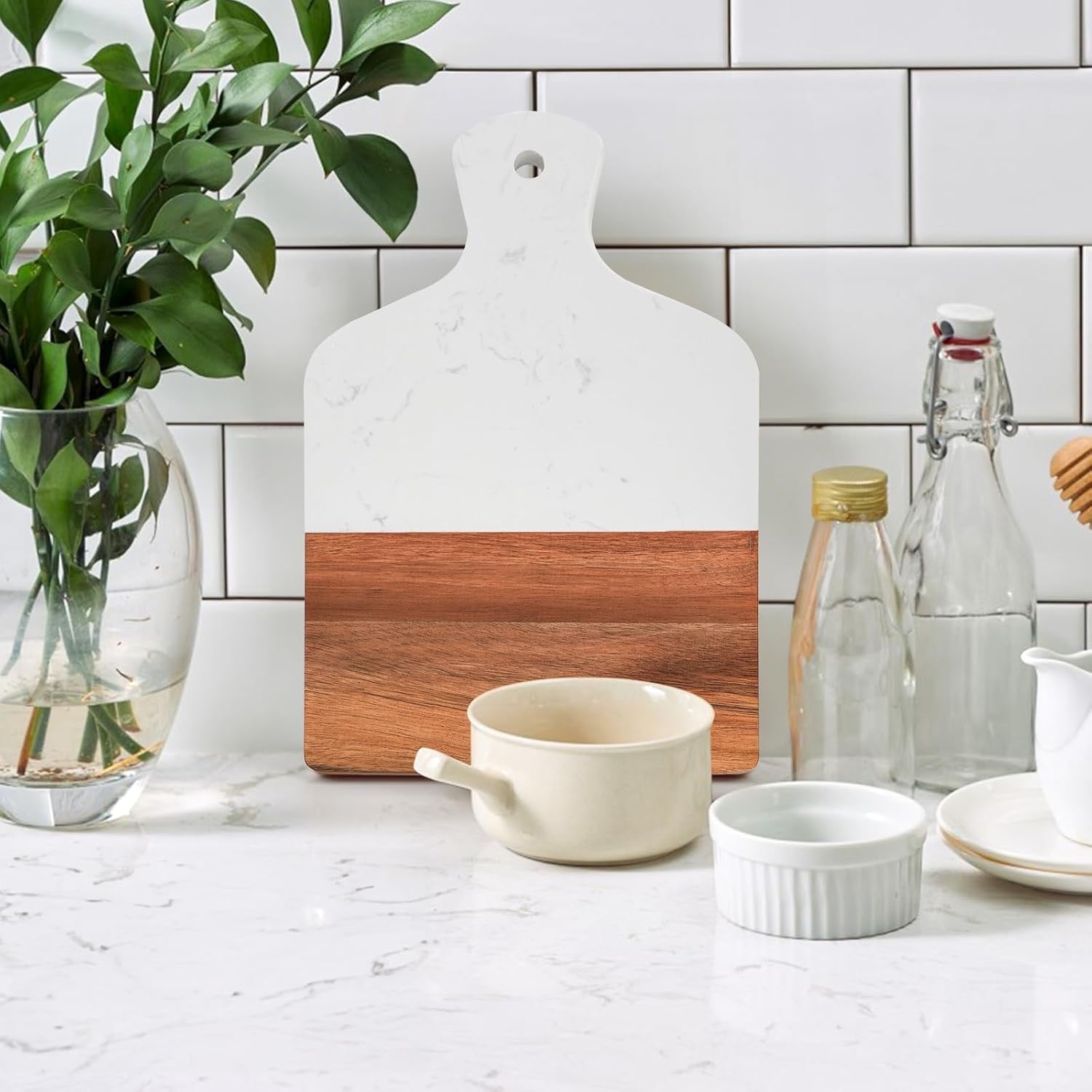 Coloch Marble & Acacia Wood Cutting Board | Charcuterie & Decorative Serving Board with Handle