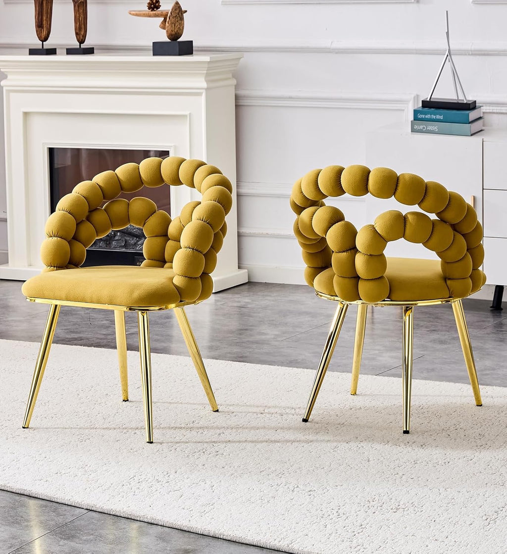 Eifizek Modern Velvet Dining Chairs Set of 2 | Yellow Upholstered Bubble Design Chairs with Gold Legs