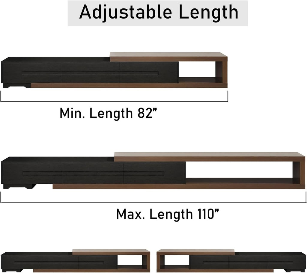 Extendable Modern TV Stand | Adjustable Wood Media Console for Up to 120” TVs (Black & Walnut)