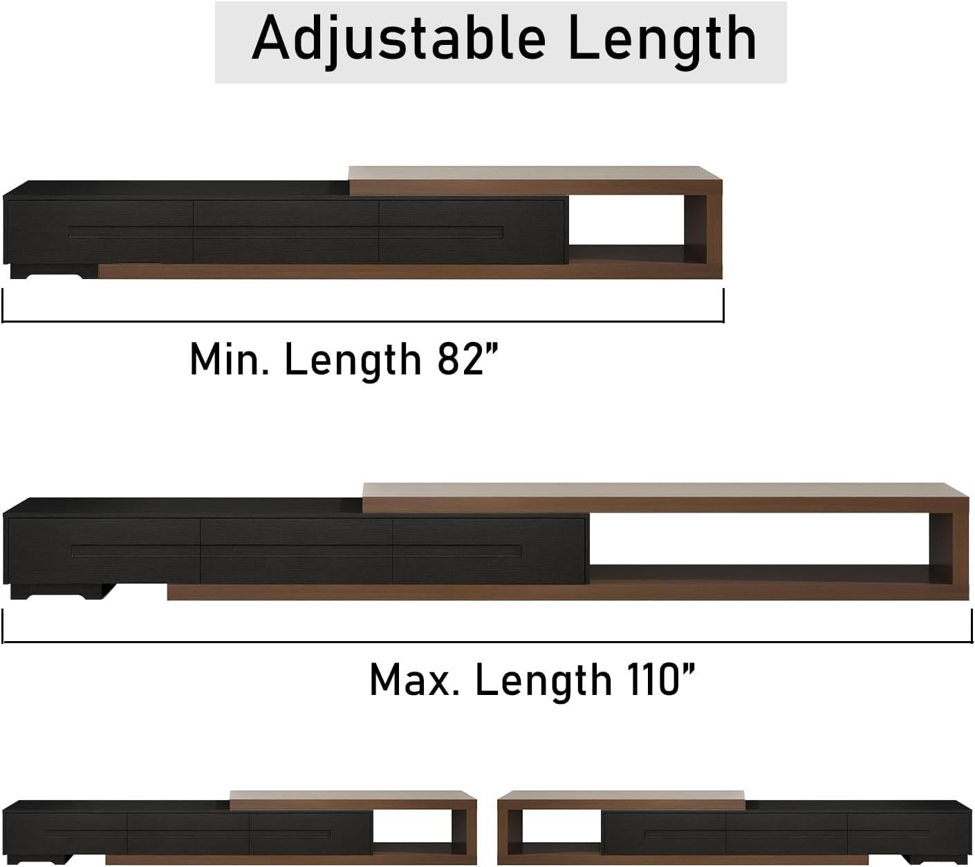 Extendable Modern TV Stand | Adjustable Wood Media Console for Up to 120” TVs (Black & Walnut)