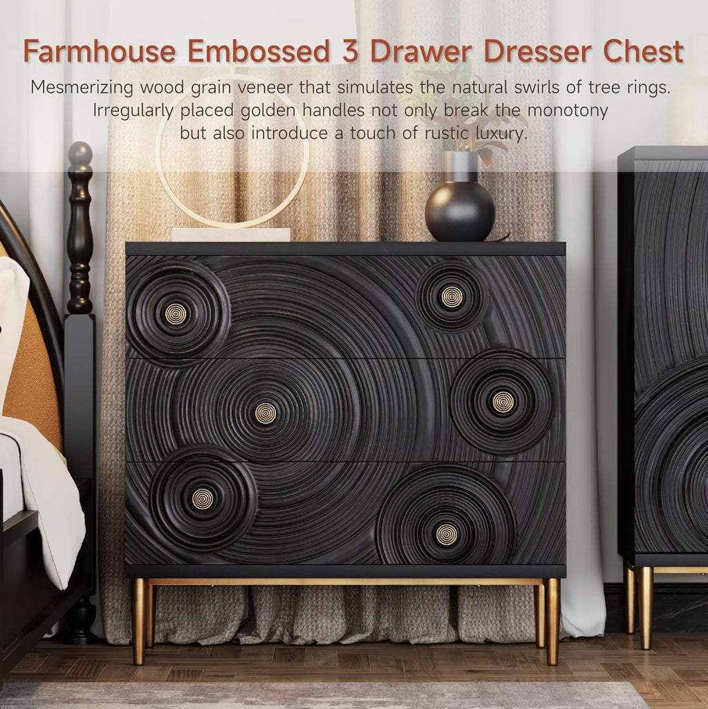 Farmhouse 3-Drawer Dresser with Ring Motif | Distressed Black & Gold Boho French Country Nightstand