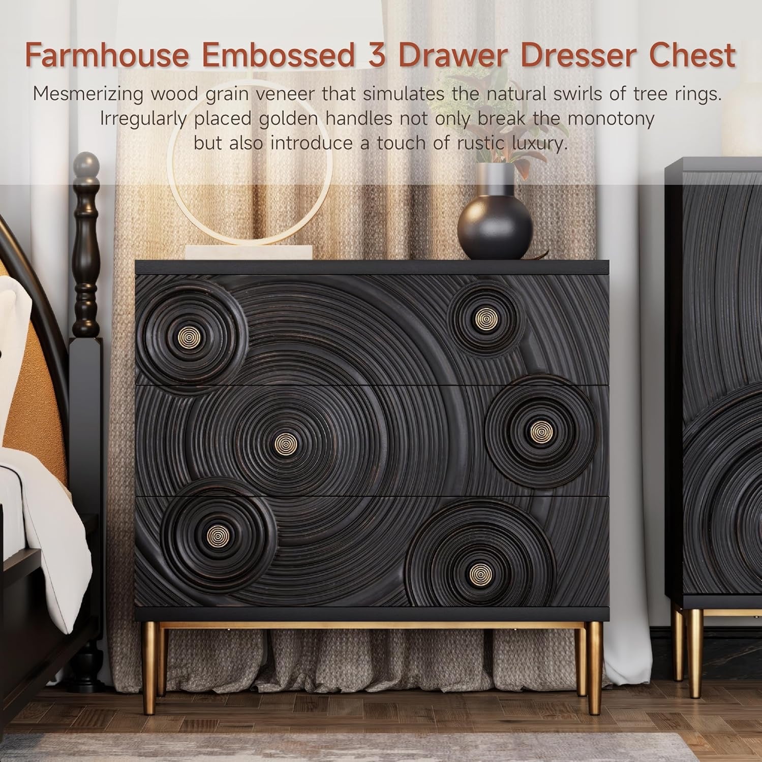 Farmhouse 3-Drawer Dresser with Ring Motif | Distressed Black & Gold Boho French Country Nightstand