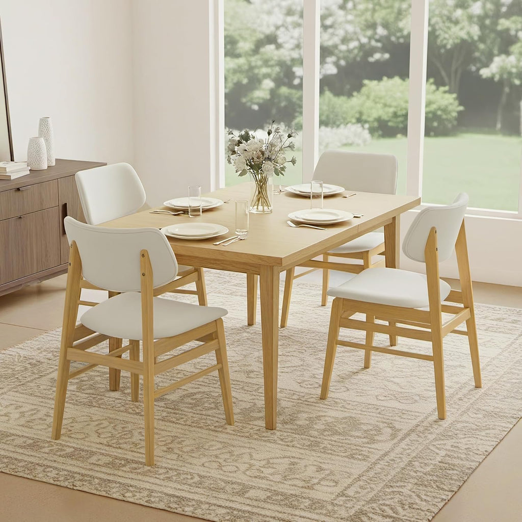 Wooden Oak Upholstered Dining Chairs Set of 2 | Modern Cream Fabric Kitchen & Dining Room Chairs