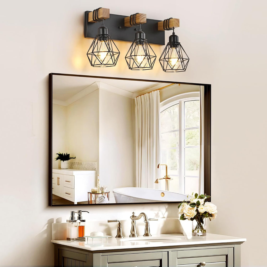 Farmhouse 3-Light Bathroom Vanity Light | Rustic Wood & Metal Wall Sconce Fixture