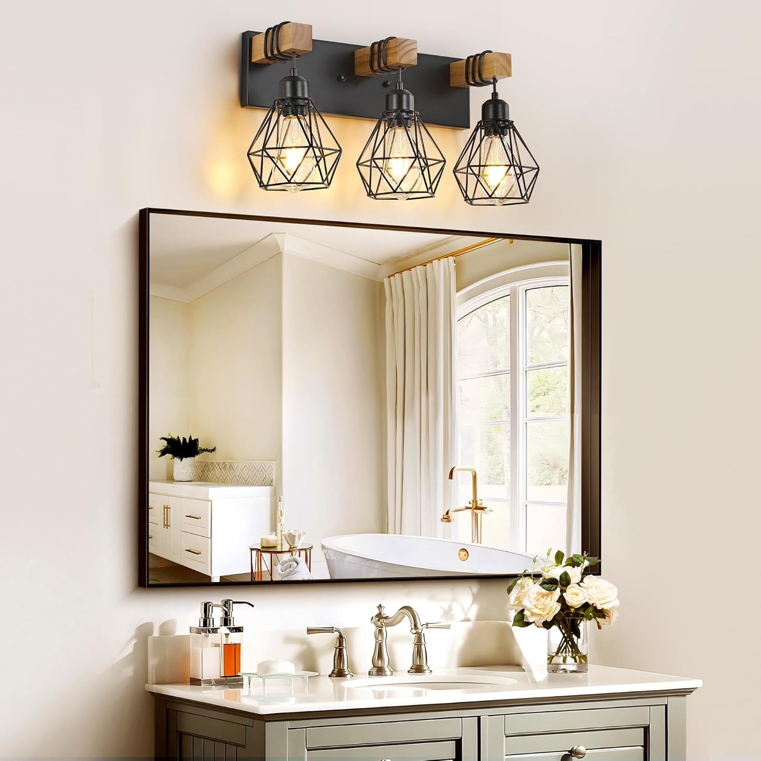 Farmhouse 3-Light Bathroom Vanity Light | Rustic Wood & Metal Wall Sconce Fixture