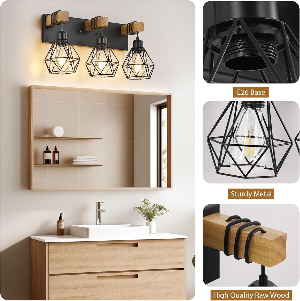 Farmhouse 3-Light Bathroom Vanity Light | Rustic Wood & Metal Wall Sconce Fixture