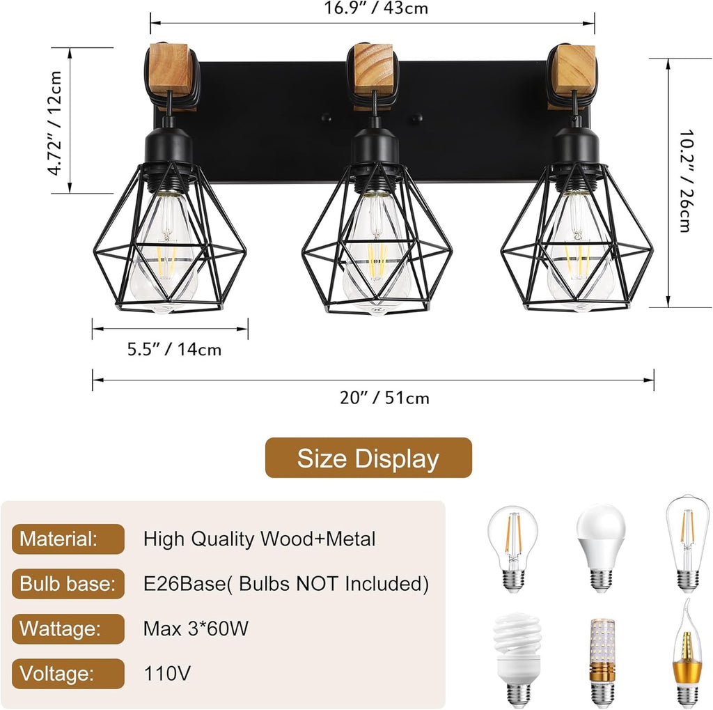 Farmhouse 3-Light Bathroom Vanity Light | Rustic Wood & Metal Wall Sconce Fixture