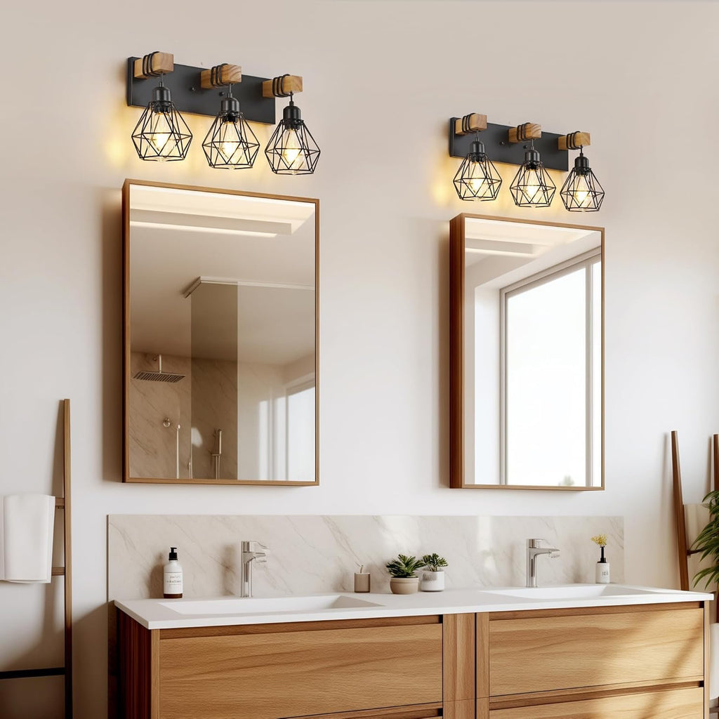 Farmhouse 3-Light Bathroom Vanity Light | Rustic Wood & Metal Wall Sconce Fixture